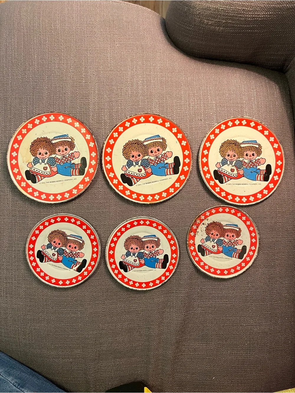 Vintage 1972 Raggedy Ann & Andy Tin Litho Toy Plate set of 6